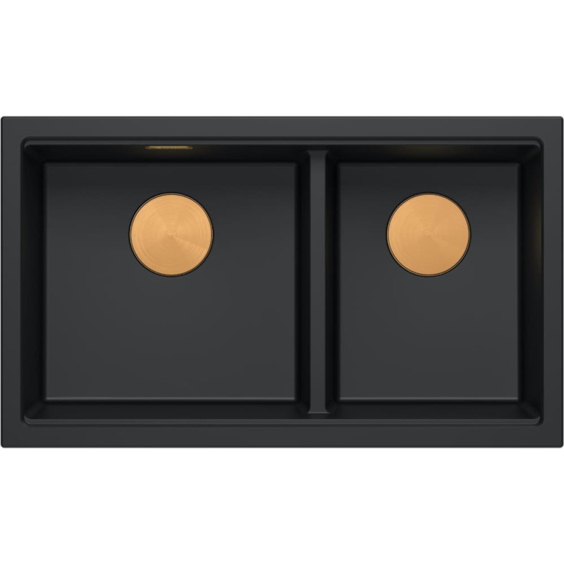 Graniteq QUADRON | LOGAN 120 | granitowy zlewozmywak kuchenny PURE CARBON + MIEDŹ PVD | wymiar: 76 x 45 x 23,5 cm | 2-komorowy wpuszczany | podbudowa szafki od: 80 cm