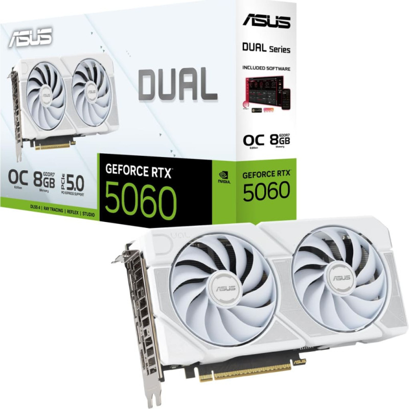Asus Graphics Card||NVIDIA GeForce RTX 5060|8 GB|GDDR7|128 bit|PCIE 5.0 16x|Dual Slot Fansink|DUAL-RTX5060-O8G-WHITE