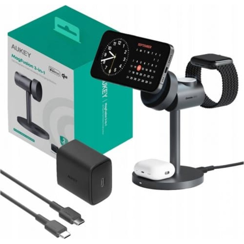 Aukey Wireless charger MagFusion 3 in 1 Aukey LC-MC311, 15W Qi2 (gray)