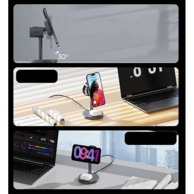 Aukey Wireless charger MagFusion 3 in 1 Aukey LC-MC311, 15W Qi2 (gray)