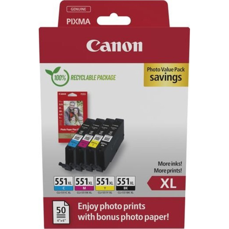 Canon Tusz Canon Canon CLI-551XL C/M/Y/BK Photo Value Pack - 4er-Pack - 11 ml - XL - Schwarz, Gelb, Cyan, Magenta - original - Box - Tintenbehalter- / Papierpaket - fur MAXIFY MG6650, PIXMA iP8750, iX6850, MG5550, MG5650, MG6650, MG7550, MX725, PIXUS MG75
