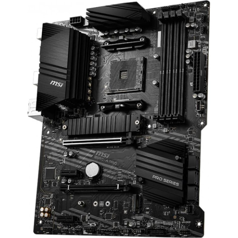 MSI Mainboard||AMD B550|SAM4|ATX|2xPCI-Express 3.0 1x|1xPCI-Express 3.0 4x|2xM.2|1xPCI-Express 4.0 16x|Memory DDR4|Memory slots 4|1xDisplayPort|2xAudio-In|4xAudio-Out|4xUSB 2.0|1xUSB type C|3xUSB 3.2|1xPS/2|1xRJ45|B550-APRO