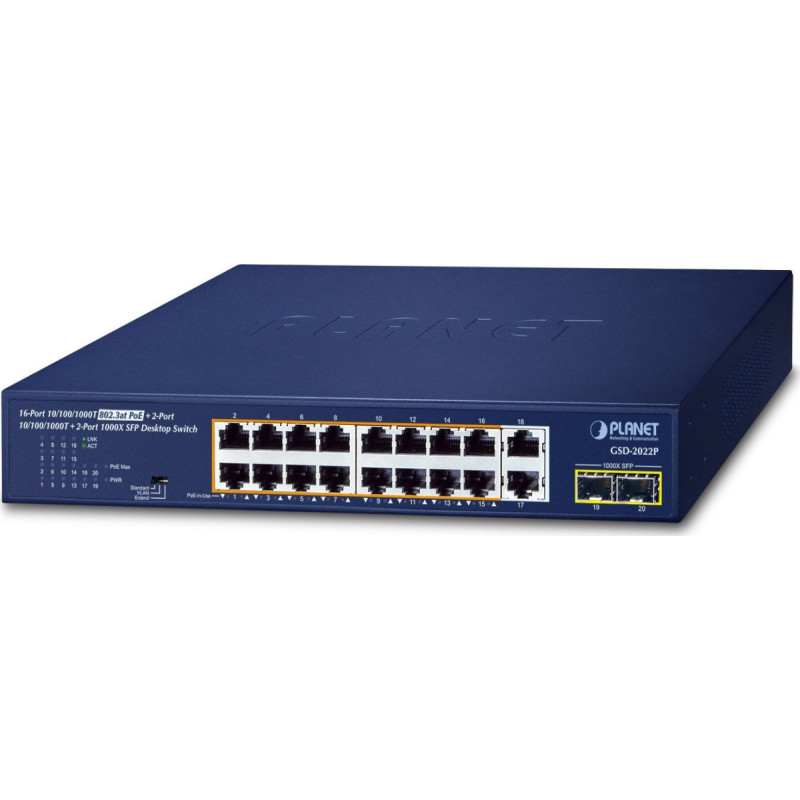 Planet Switch Planet PLANET 16-Port GE 802.3at + 2-Port GE + 2-Port 1000X SFP