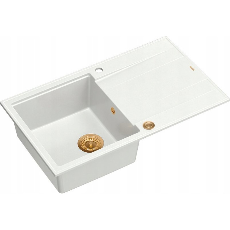 Graniteq Zlewozmywak GraniteQ EVAN 111 GraniteQ zlewozmywak z syfonem Push 2 Open 1-komorowy z/o (860x500x210) snow white / elementy miedziane