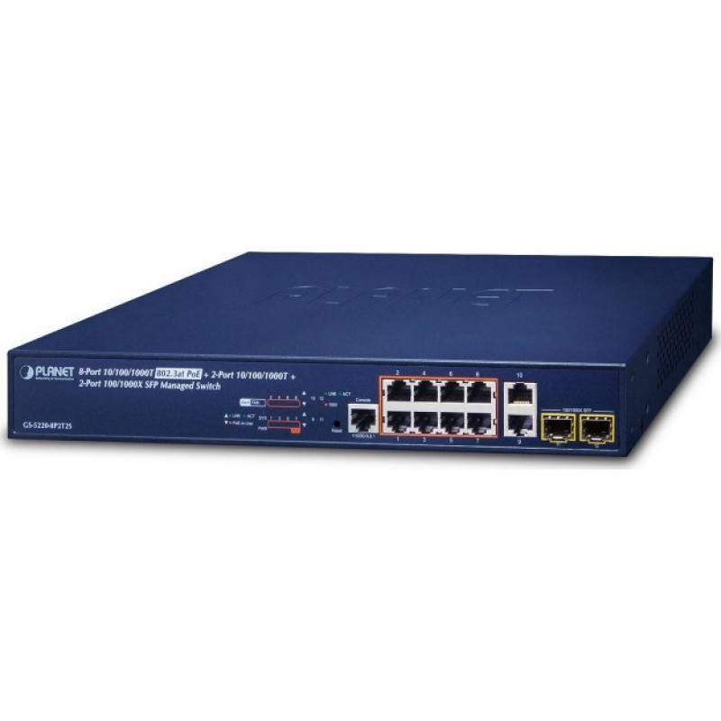 Planet Switch Planet PLANET GS-5220-8P2T2S łącza sieciowe Zarządzany L2+ Gigabit Ethernet (10/100/1000) Obsługa PoE 1U Niebieski