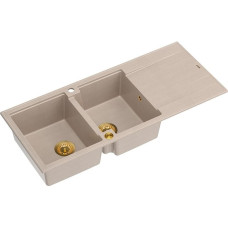 Graniteq EVAN 121 GraniteQ zlewozmywak z syfonem Push To Open 2-komorowy z/o (1160x500x210; kom. 420x340) pearl beige / elementy złote